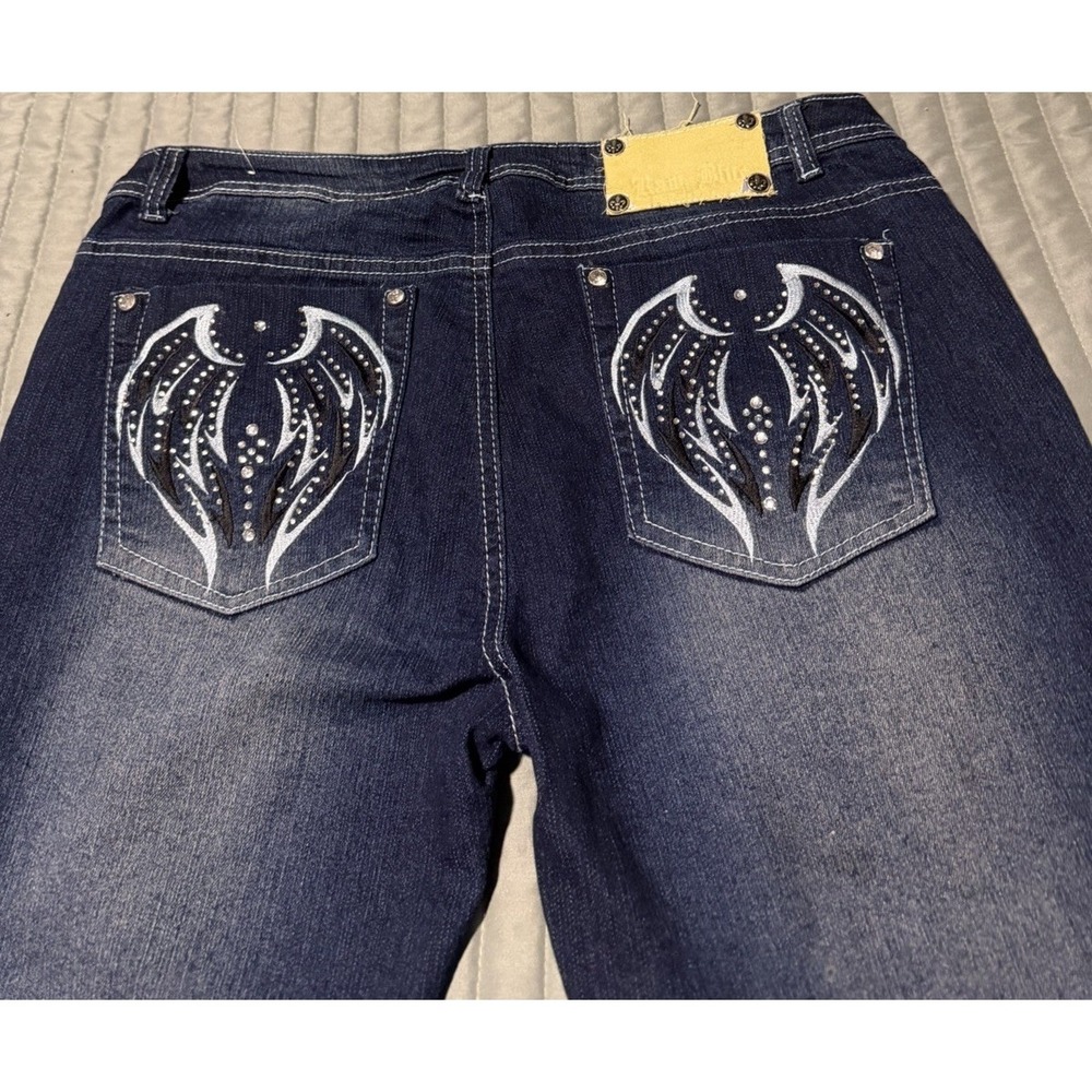 Vintage Y2K Raw Blue Angel Wing Rhinestone Jeans Juniors 15/16 Stretch Denim